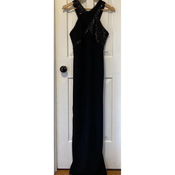 Aidan Mattox Black Maxi Dress Long Halter Sequins Side Slit Elegant Y2K Formal - Picture 9 of 16